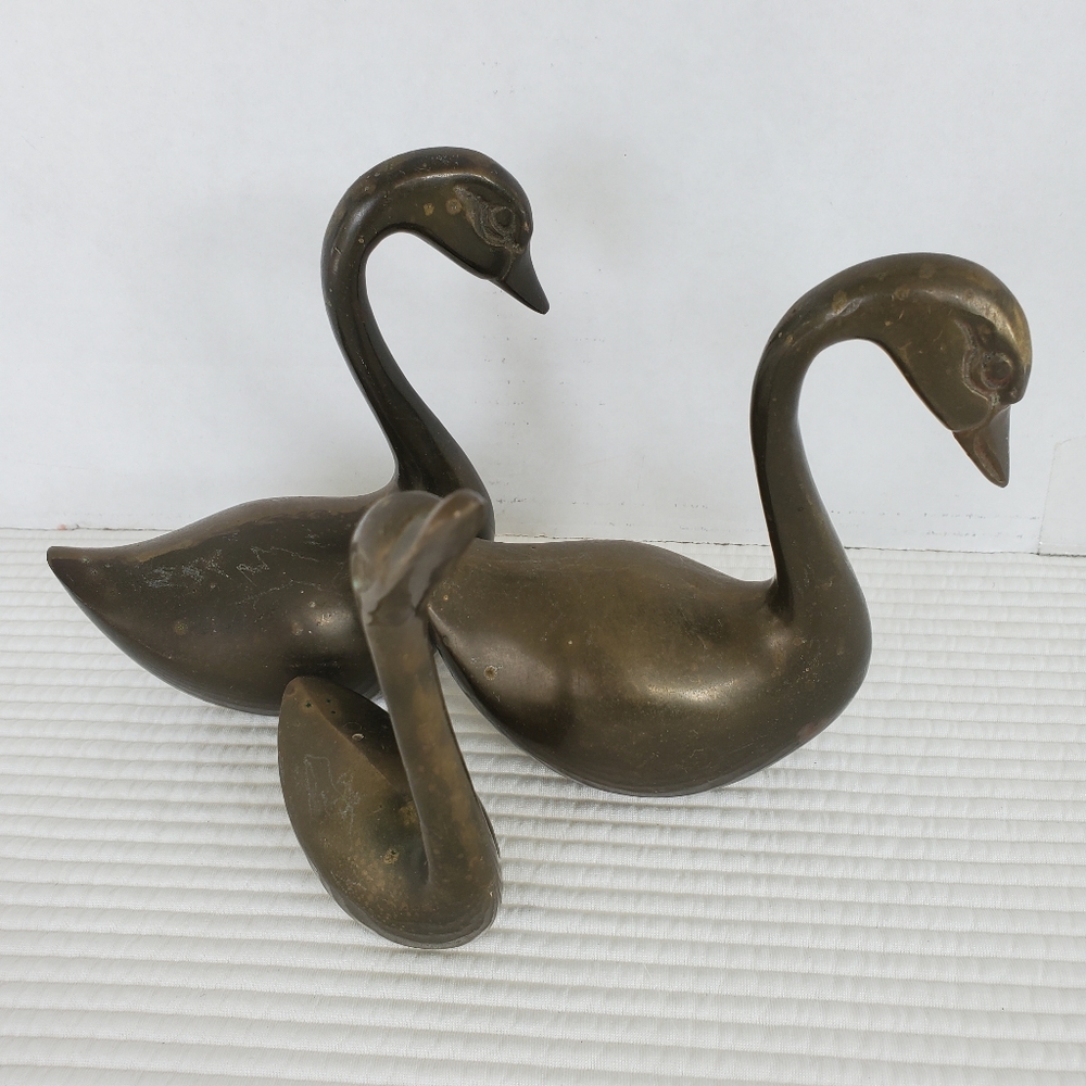 3 Swan Brass Figurines Bird Vintage 5.5 & 6" Tall"